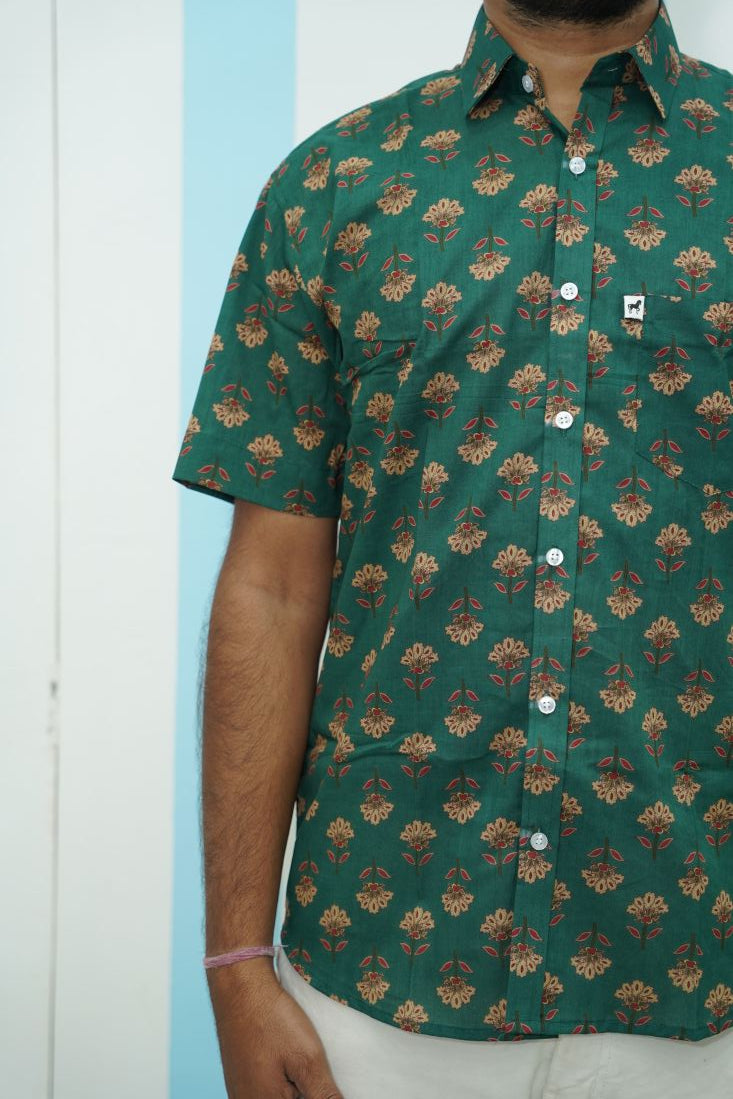 Dark Green Floral Printed Shirt
