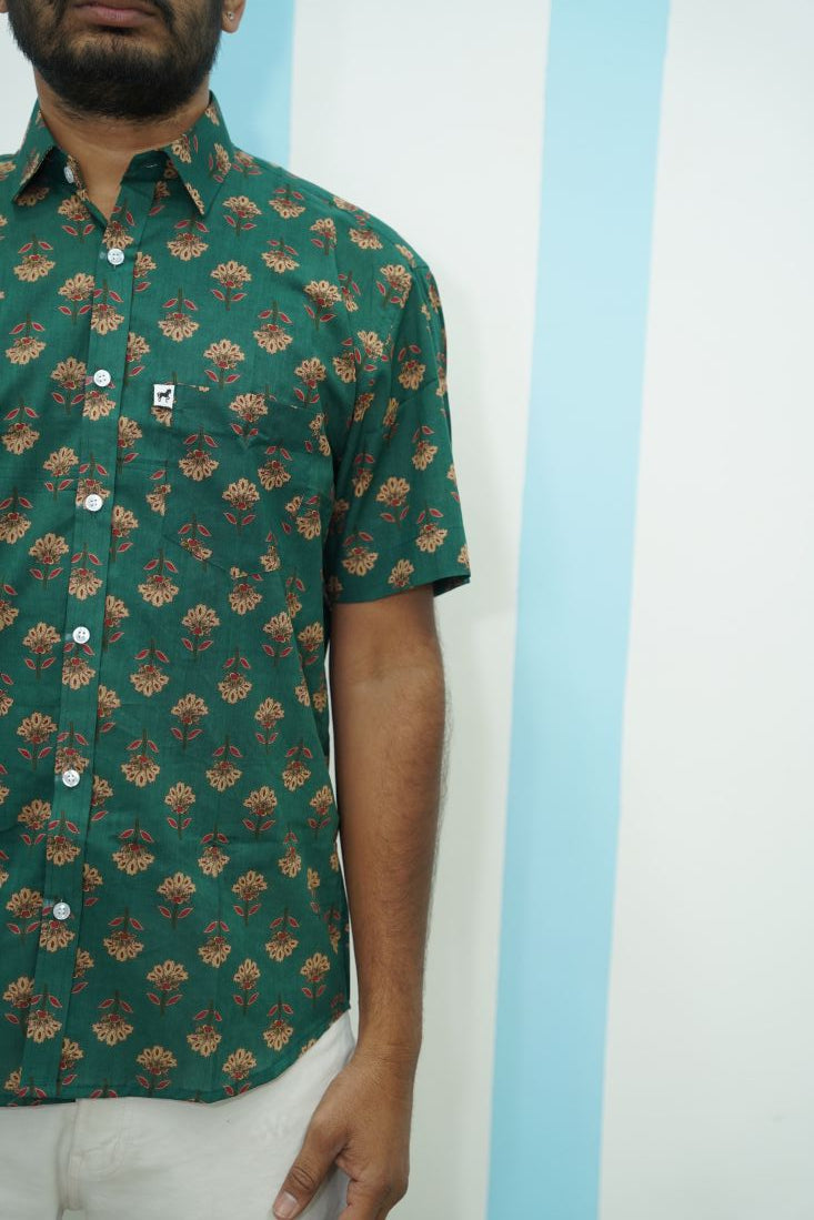Dark Green Floral Printed Shirt