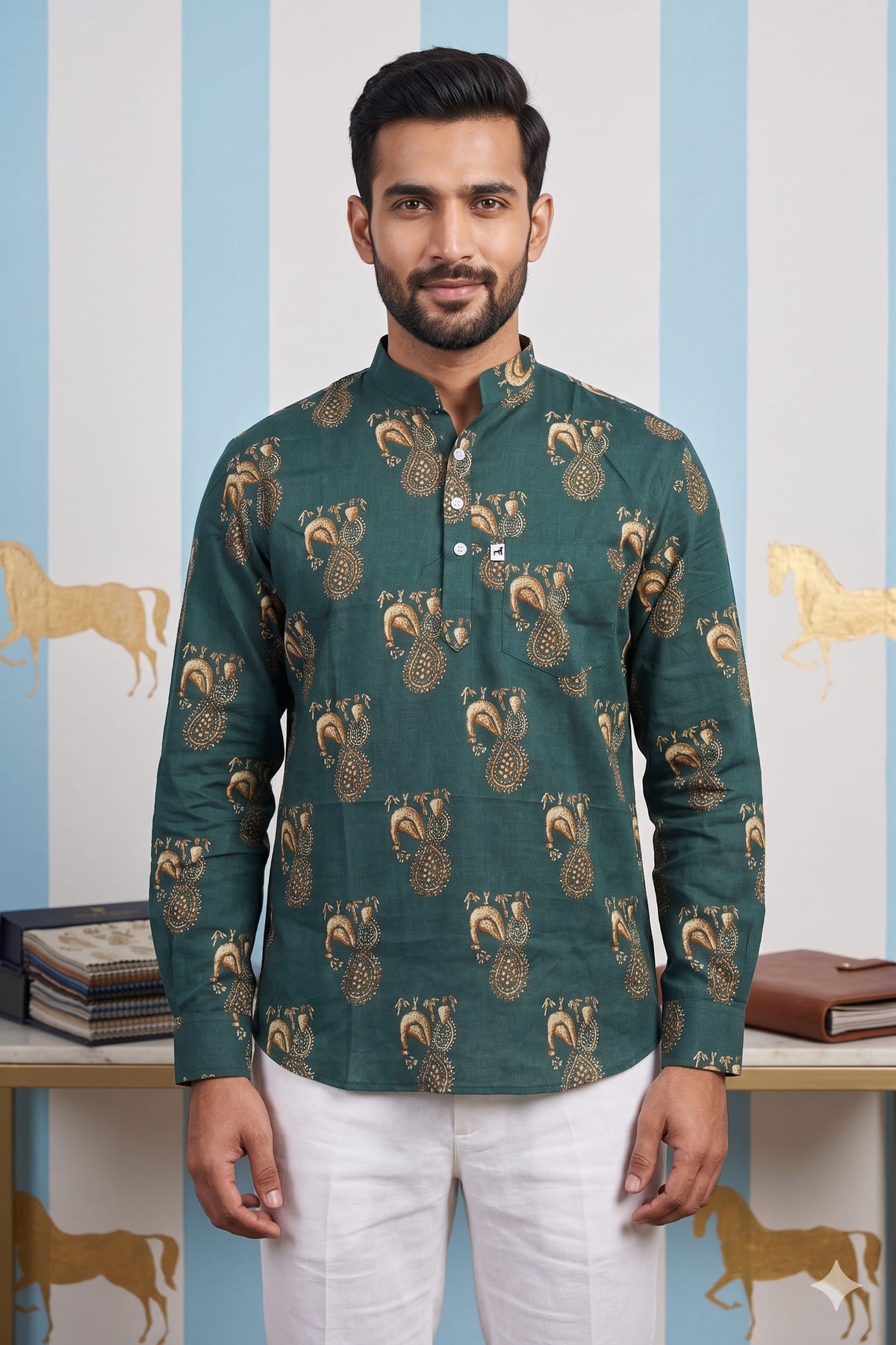 Dark Green Paisley Printed Short Kurta