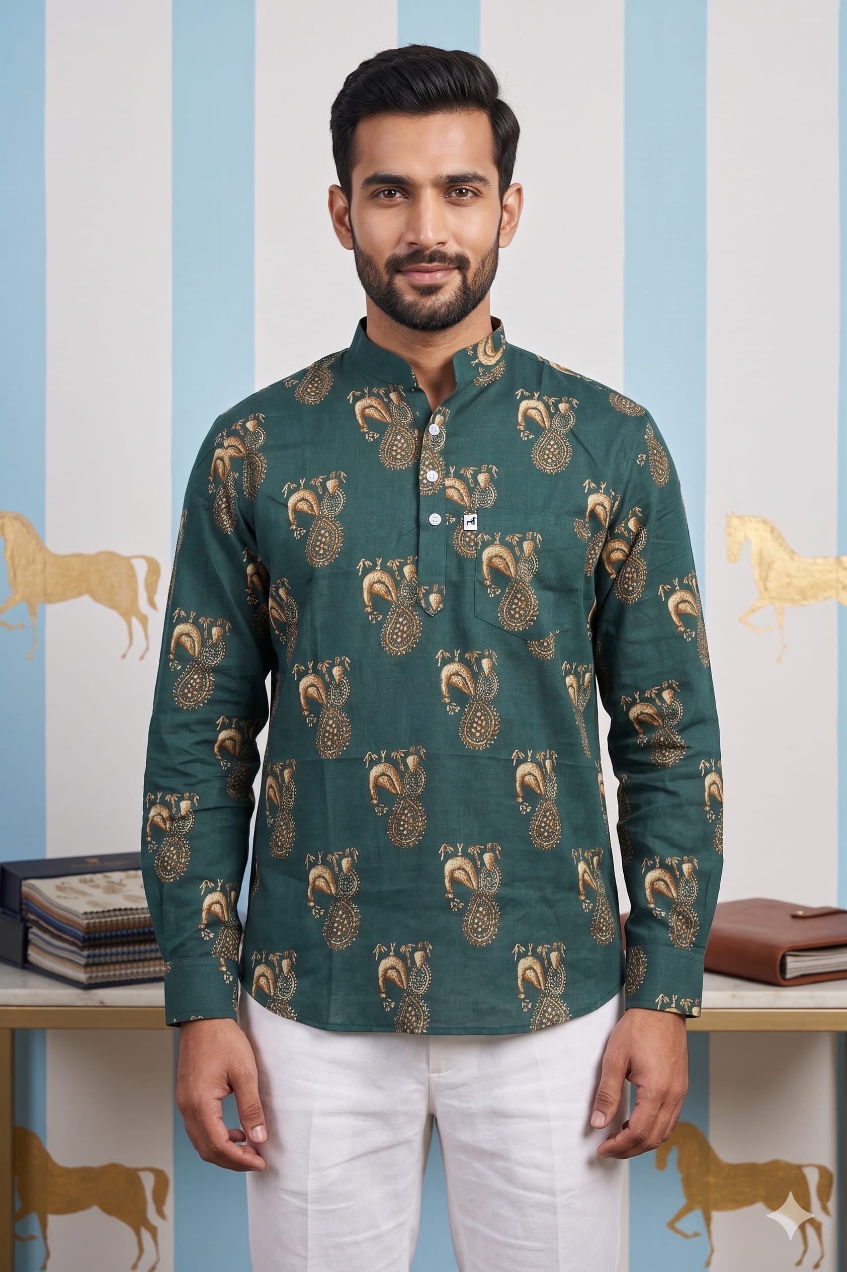 Dark Green Paisley Printed Short Kurta