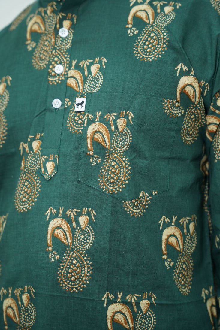Dark Green Paisley Printed Short Kurta