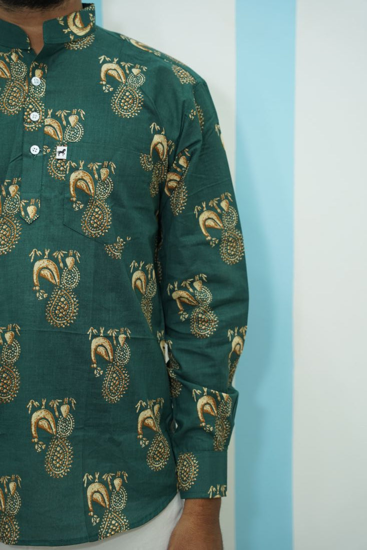 Dark Green Paisley Printed Short Kurta