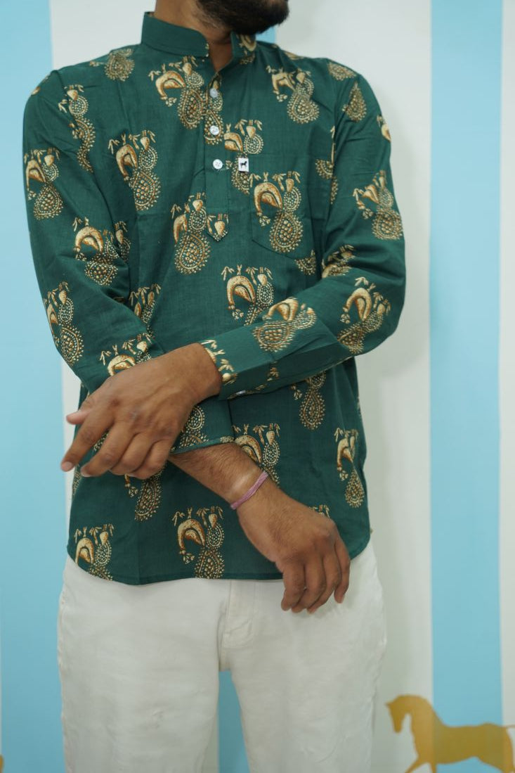 Dark Green Paisley Printed Short Kurta