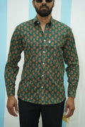 Dark Green Red Floral Printed Shirt