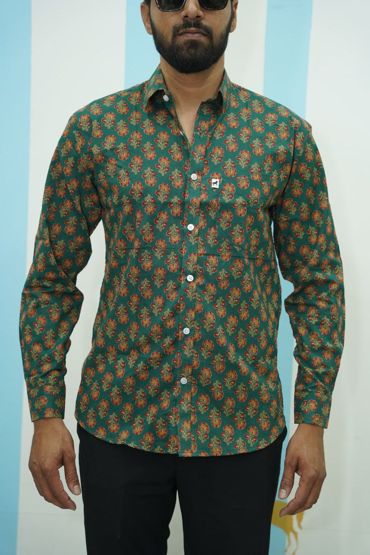 Dark Green Red Floral Printed Shirt