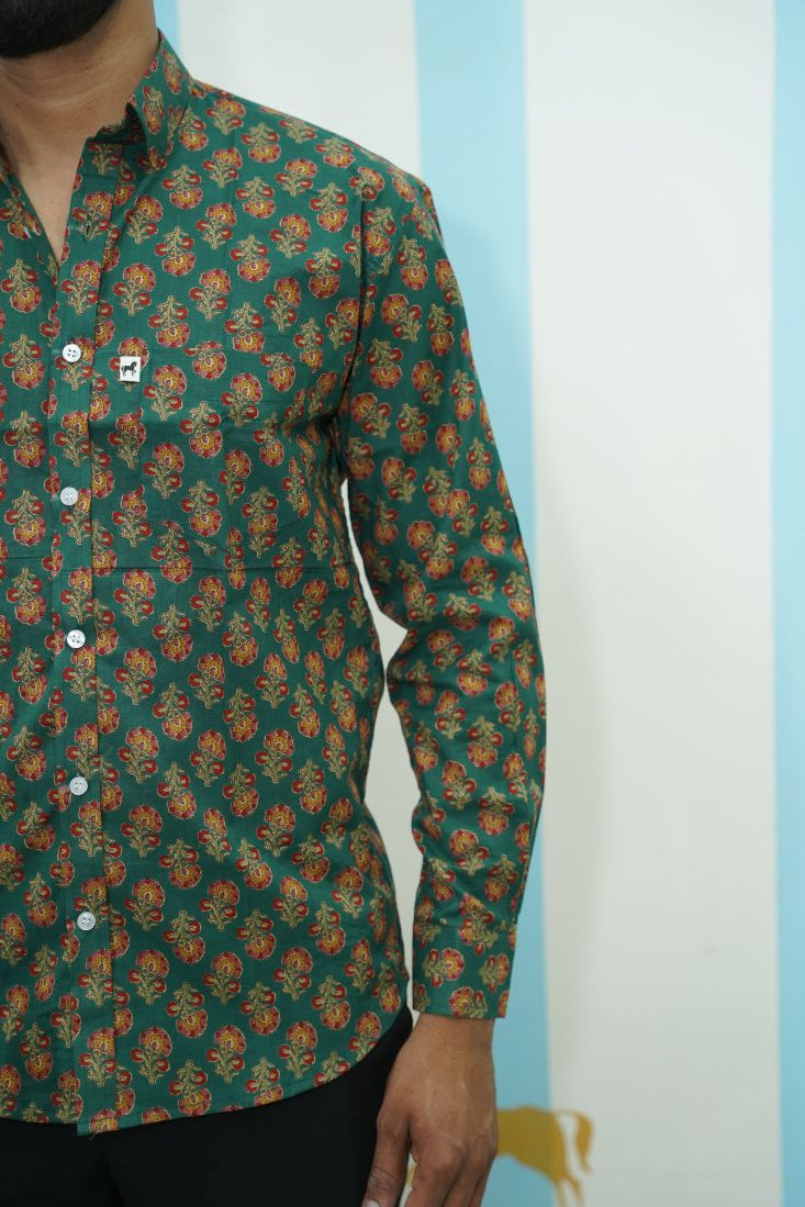 Dark Green Red Floral Printed Shirt