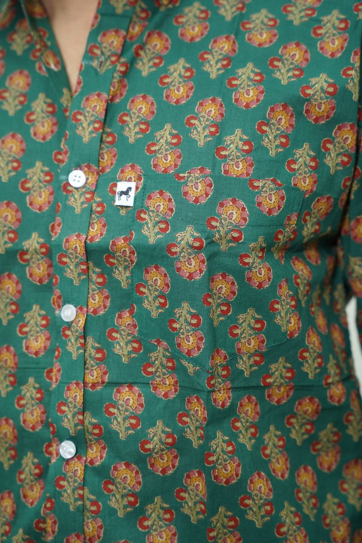 Dark Green Red Floral Printed Shirt