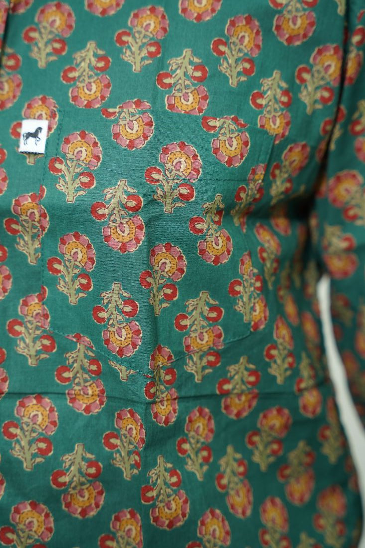 Dark Green Red Floral Printed Shirt