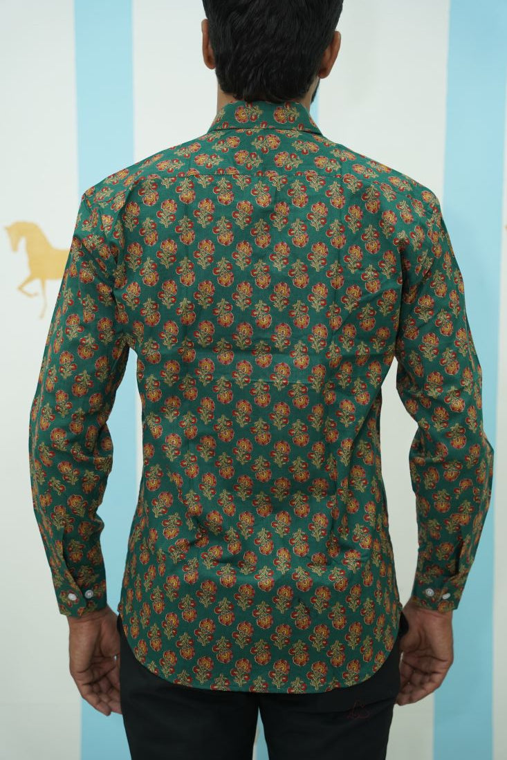 Dark Green Red Floral Printed Shirt