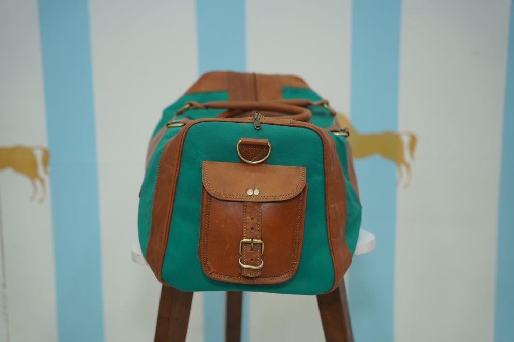 Green Brown Leather Duffle Bag