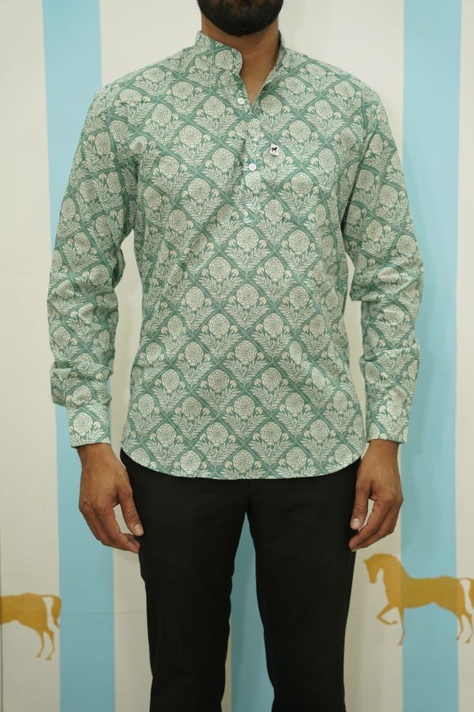Mint Green Floral Jaal Printed Short Kurta