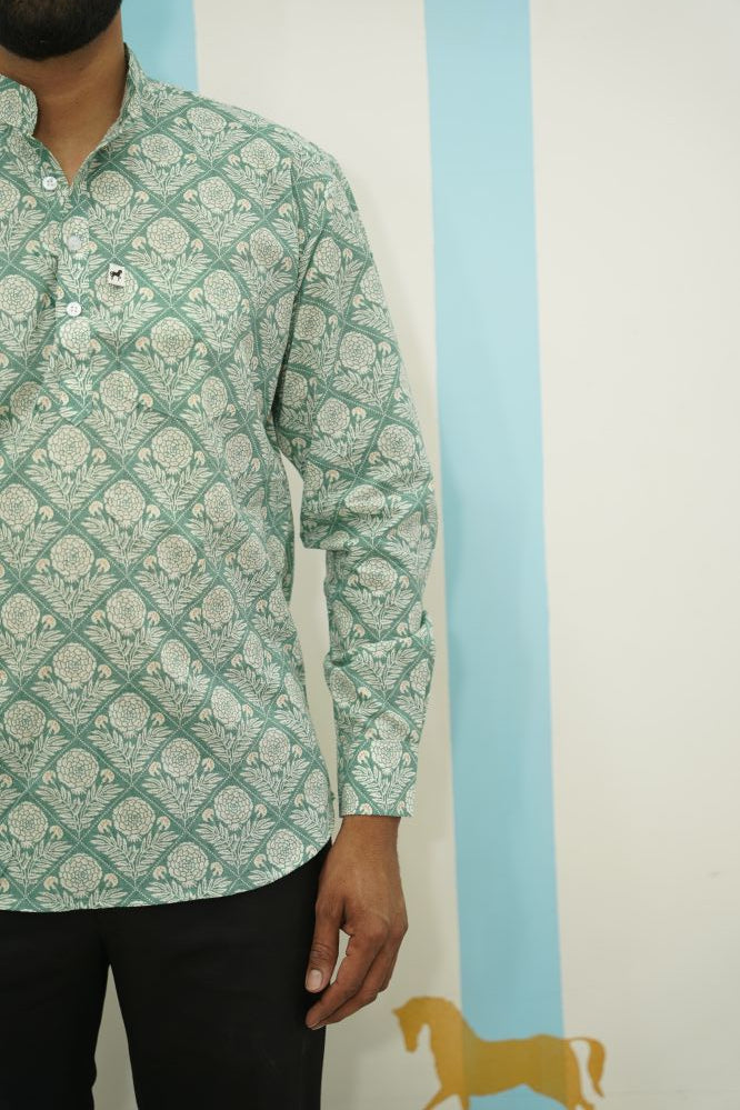 Mint Green Floral Jaal Printed Short Kurta