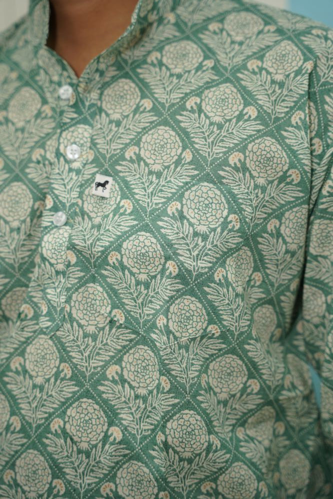 Mint Green Floral Jaal Printed Short Kurta