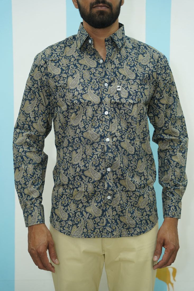 Navy Beige Paisley Printed Shirt