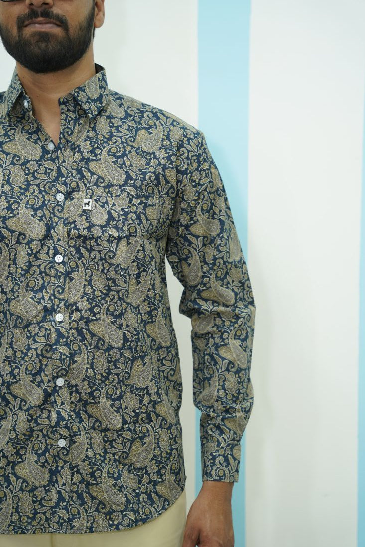 Navy Beige Paisley Printed Shirt