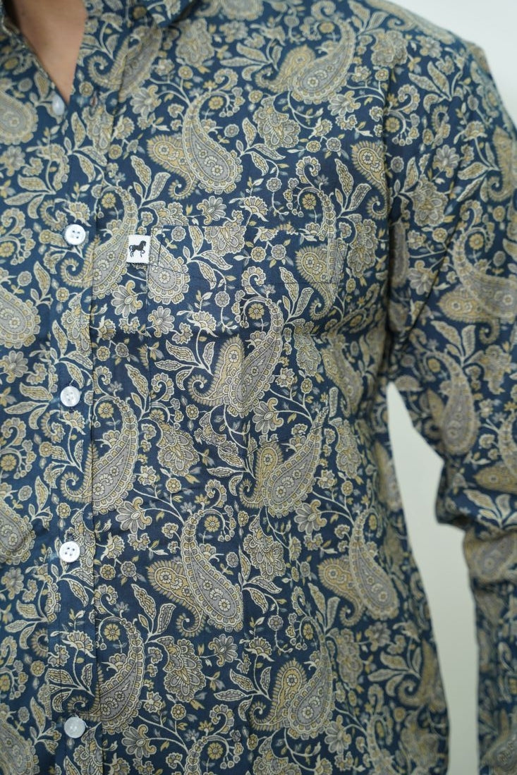 Navy Beige Paisley Printed Shirt
