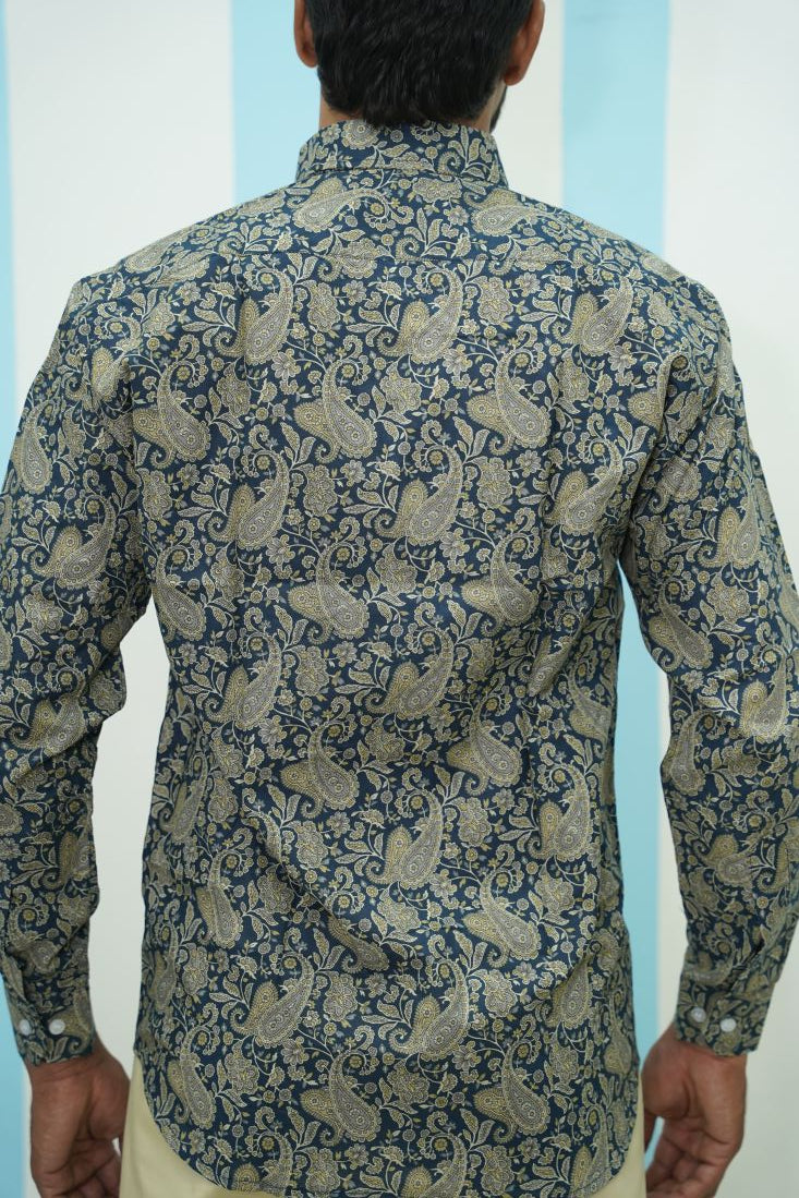 Navy Beige Paisley Printed Shirt