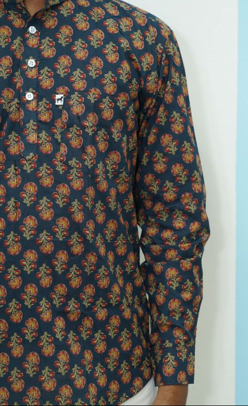 Navy Floral Printed Short Kurta