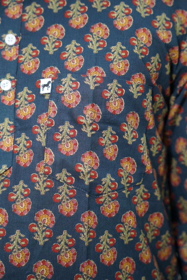 Navy Floral Printed Short Kurta