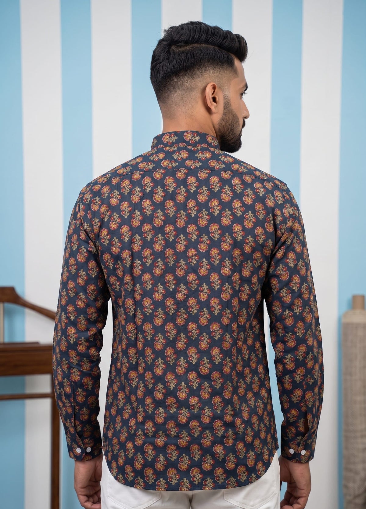 Navy Floral Printed Short Kurta