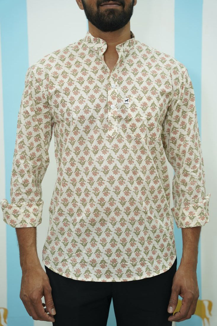 Off White Green Floral Printed Short Kurta