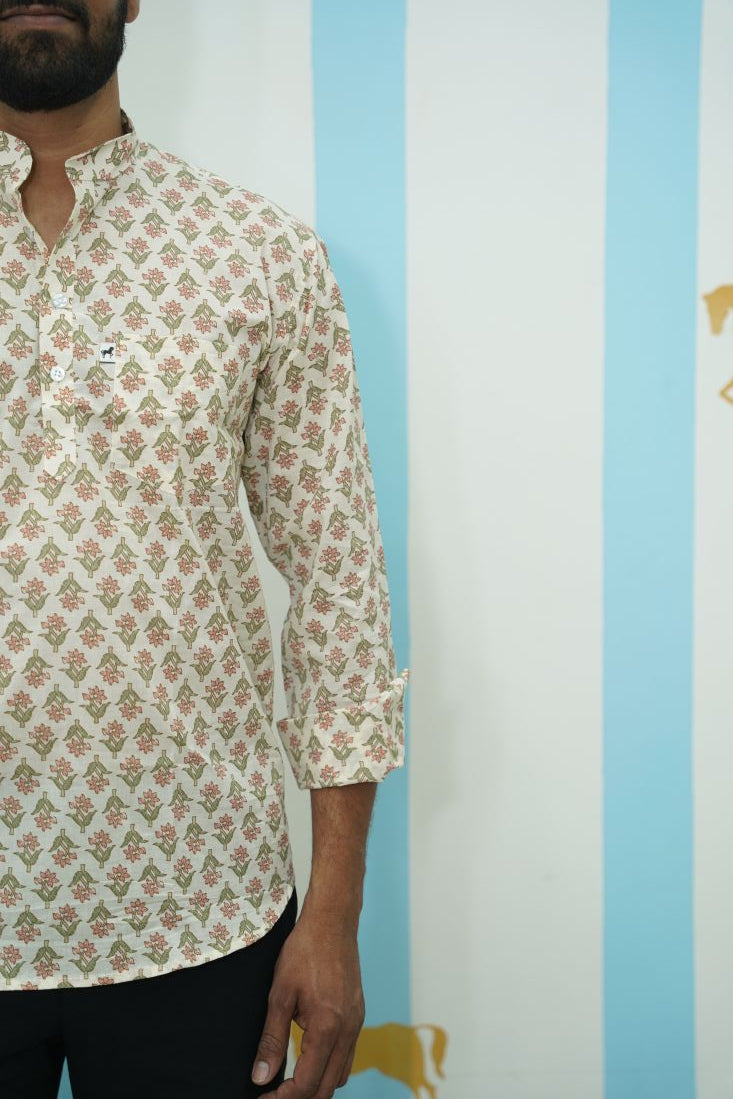 Off White Green Floral Printed Short Kurta