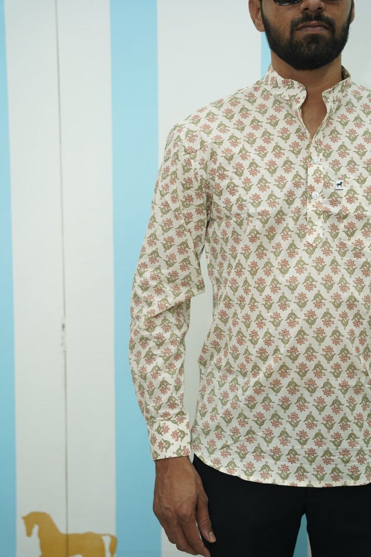Off White Green Floral Printed Short Kurta