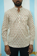 Off White Green Floral Printed Short Kurta