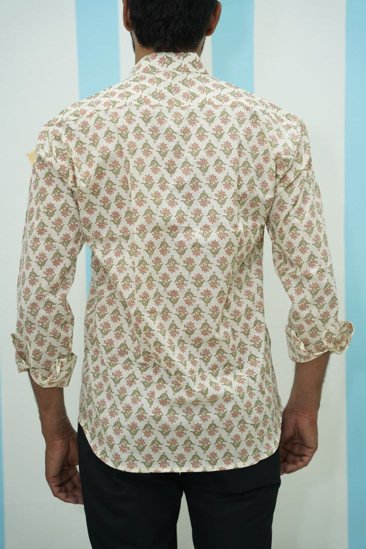 Off White Green Floral Printed Short Kurta