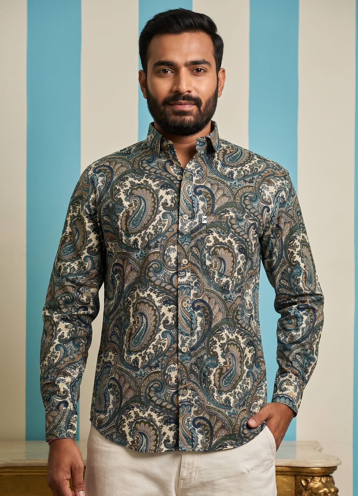 Off White Green Paisley Printed Shirt