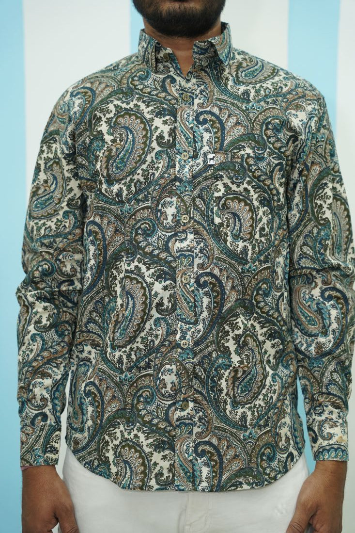 Off White Green Paisley Printed Shirt