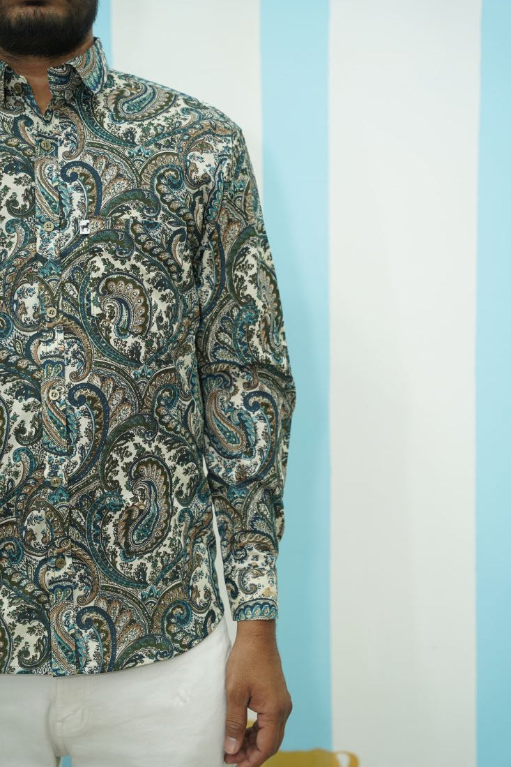 Off White Green Paisley Printed Shirt