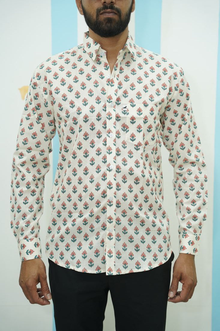 Off White Red Floral Printed Shirt