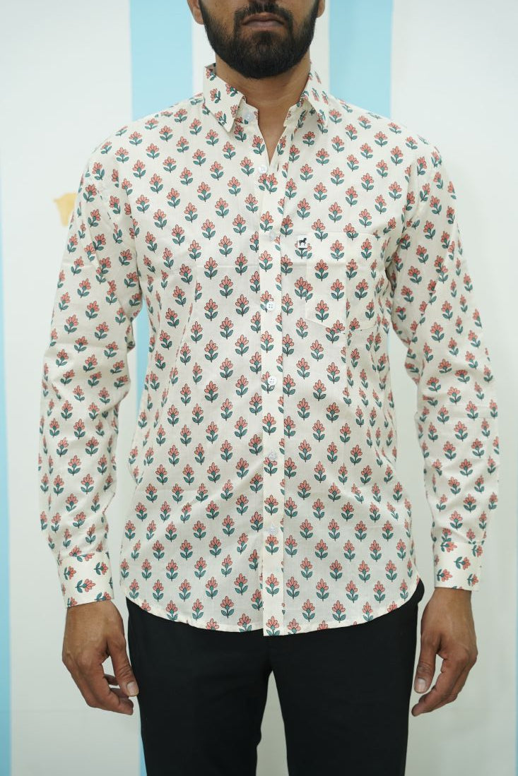Off White Red Floral Printed Shirt