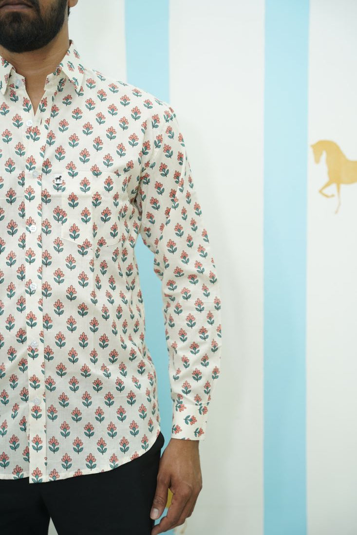 Off White Red Floral Printed Shirt