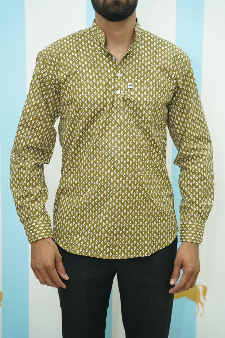 Olive Micro Buti Printed Short Kurta