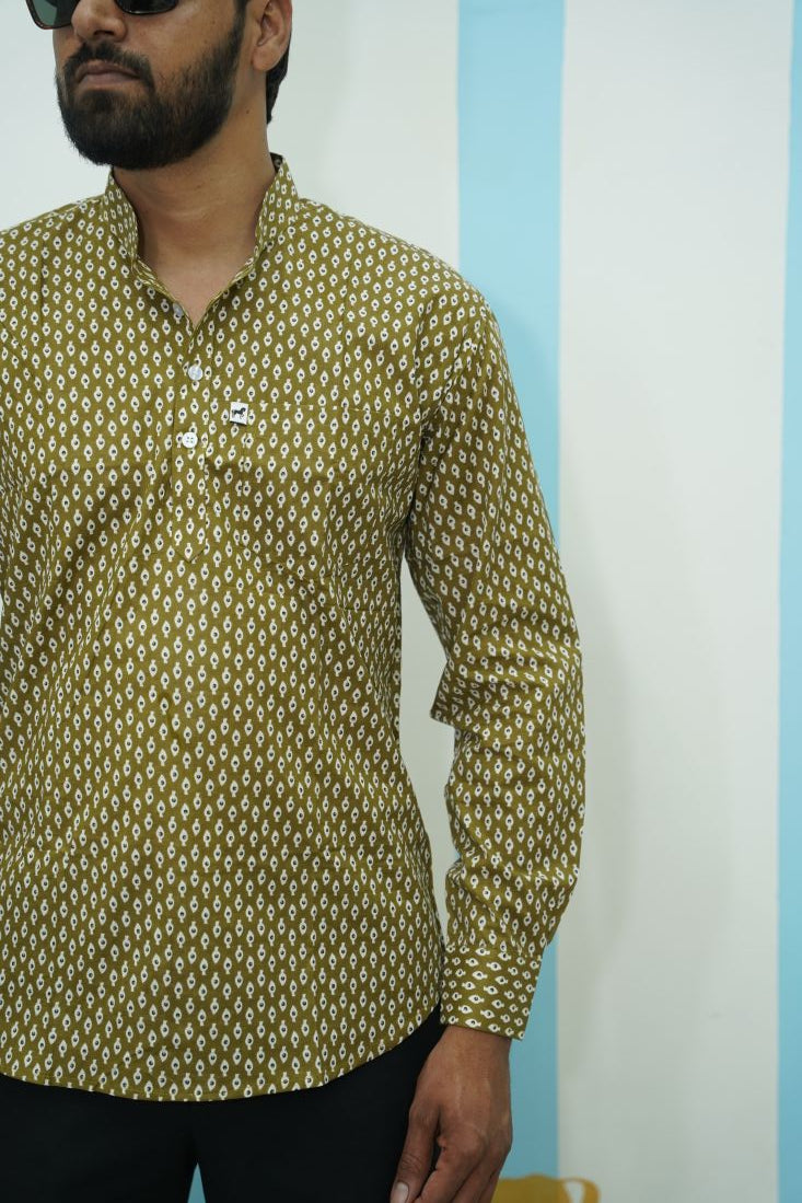 Olive Micro Buti Printed Short Kurta