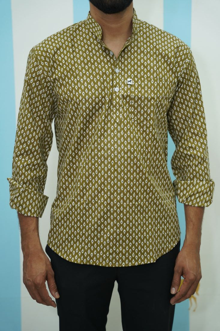 Olive Micro Buti Printed Short Kurta