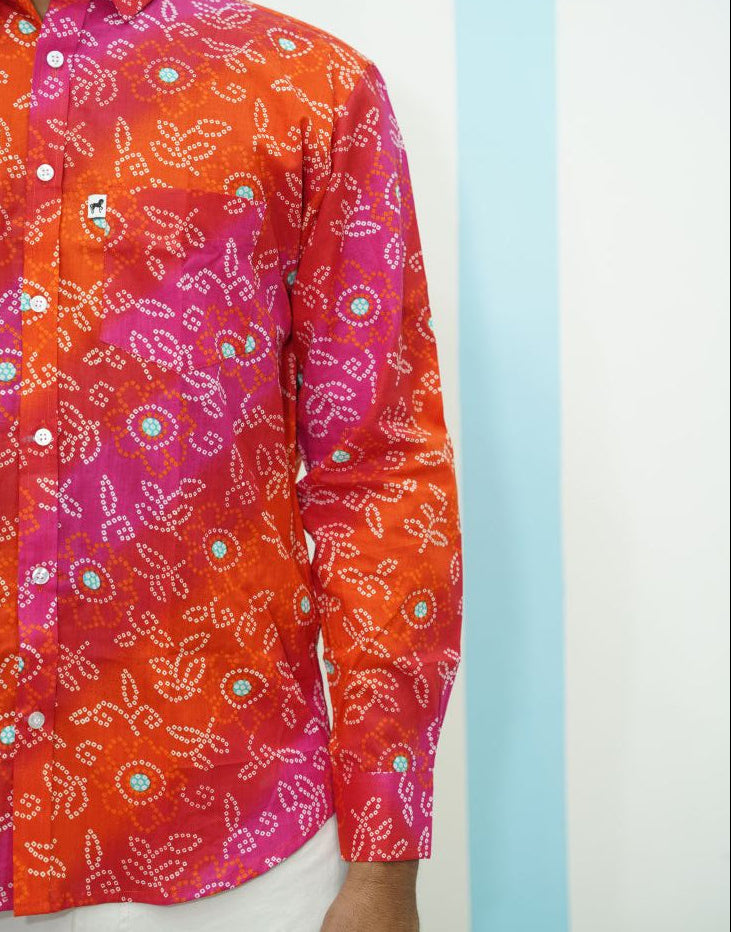 Red Pink Orange Leheriya Printed Shirt
