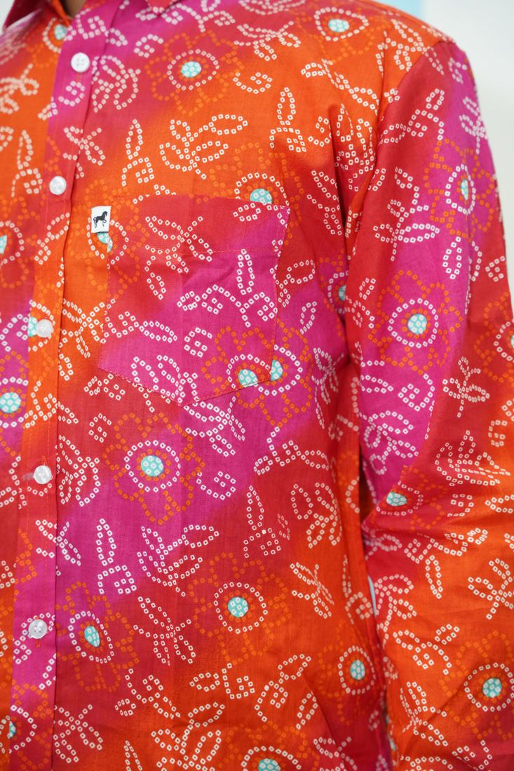 Red Pink Orange Leheriya Printed Shirt