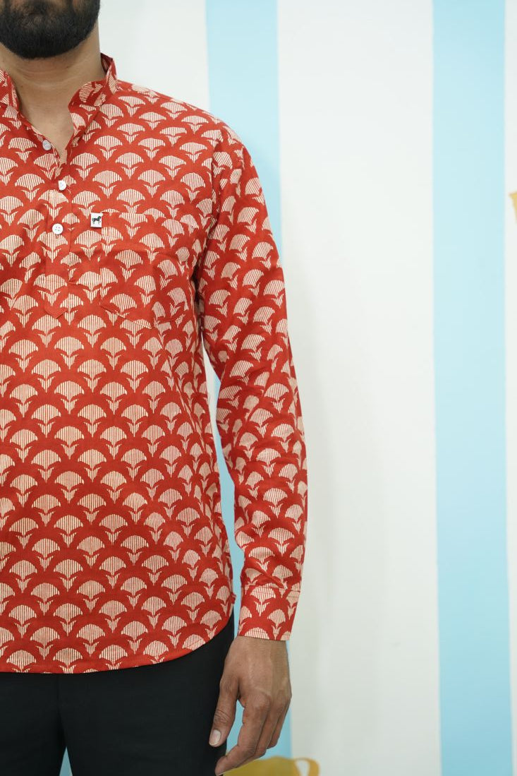Rust Fan Printed Short Kurta