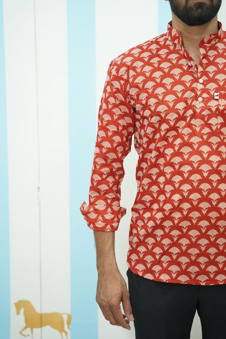 Rust Fan Printed Short Kurta