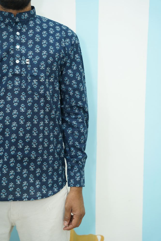Steel Blue Buti Printed Short Kurta