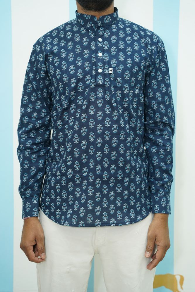 Steel Blue Buti Printed Short Kurta